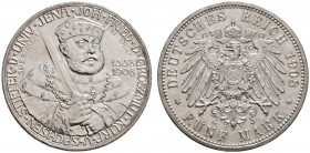 Silbermünzen des Kaiserreiches
Sachsen-Weimar-Eisenach
Wilhelm Ernst 1901-1918. 5 Mark 1908. Uni Jena. J. 161.
vorzüglich-Stempelglanz