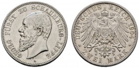 Silbermünzen des Kaiserreiches
Schaumburg-Lippe
Georg 1893-1911. 2 Mark 1904 A. J. 164.
minimale Kratzer, sehr schön-vorzüglich