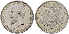 Silbermünzen des Kaiserreiches
Schaumburg-Lippe
Georg 1893-1911. 3 Mark 1911 A. Auf seinen Tod. J. 166.
Prachtexemplar mit leichter Tönung, Stempel...
