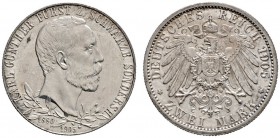 Silbermünzen des Kaiserreiches
Schwarzburg-Sondershausen
Karl Günther 1880-1909. 2 Mark 1905 A. Regierungsjubiläum. J. 169a.
winzige Kratzer, vorzü...