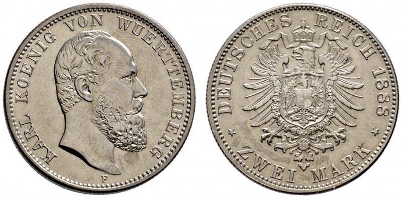 Silbermünzen des Kaiserreiches
Württemberg
Karl 1864-1891. 2 Mark 1888 F. J. 1...