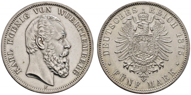 Silbermünzen des Kaiserreiches
Württemberg
Karl 1864-1891. 5 Mark 1875 F. J. 1...