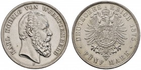 Silbermünzen des Kaiserreiches
Württemberg
Karl 1864-1891. 5 Mark 1875 F. J. 173.
selten in dieser Erhaltung, vorzüglich-Stempelglanz