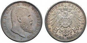 Silbermünzen des Kaiserreiches
Württemberg
Wilhelm II. 1891-1918. 2 Mark 1905 F. J. 174.
Prachtexemplar mit feiner Patina, Stempelglanz