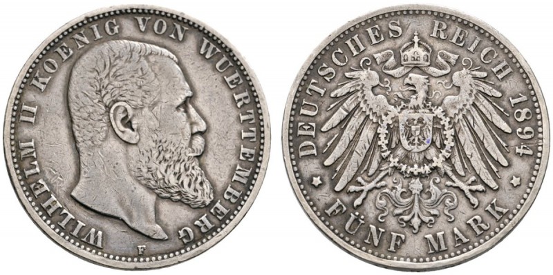 Silbermünzen des Kaiserreiches
Württemberg
Wilhelm II. 1891-1918. 5 Mark 1894 ...