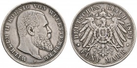Silbermünzen des Kaiserreiches
Württemberg
Wilhelm II. 1891-1918. 5 Mark 1894 F. J. 176.
sehr seltener Jahrgang, kleine Kratzer, sehr schön