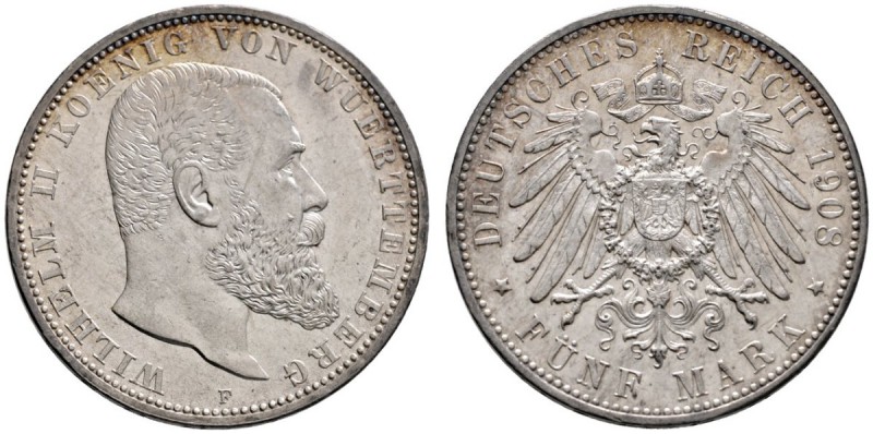 Silbermünzen des Kaiserreiches
Württemberg
Wilhelm II. 1891-1918. 5 Mark 1908 ...