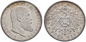 Silbermünzen des Kaiserreiches
Württemberg
Wilhelm II. 1891-1918. 5 Mark 1908 F. J. 176.
feine Tönung, fast Stempelglanz