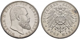 Silbermünzen des Kaiserreiches
Württemberg
Wilhelm II. 1891-1918. 5 Mark 1908 F. J. 176.
winzige Kratzer auf dem Avers, fast Stempelglanz aus Ersta...