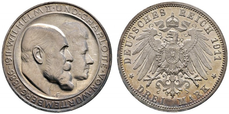Silbermünzen des Kaiserreiches
Württemberg
Wilhelm II. 1891-1918. 3 Mark 1911 ...