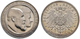 Silbermünzen des Kaiserreiches
Württemberg
Wilhelm II. 1891-1918. 3 Mark 1911 F. Silberhochzeit. J. 177a.
Prachtexemplar, Stempelglanz (matt)/Polie...