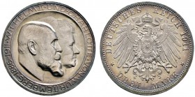 Silbermünzen des Kaiserreiches
Württemberg
Wilhelm II. 1891-1918. 3 Mark 1911 F. Silberhochzeit. Hohes H. J. 177b.
Prachtexemplar mit feiner Patina...
