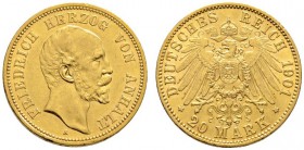 Reichsgoldmünzen
Anhalt
Friedrich I. 1871-1904. 20 Mark 1901 A. 70. Geburtstag. J. 181.
winzige Randfehler, sehr schön-vorzüglich