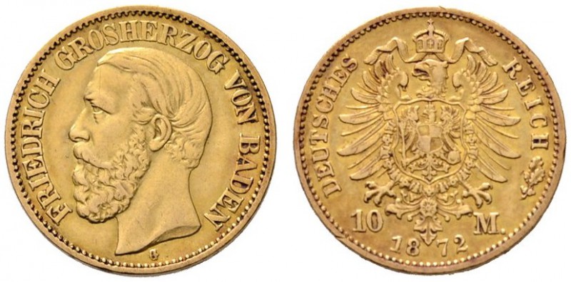 Reichsgoldmünzen
Baden
Friedrich I. 1852-1907. 10 Mark 1872 G. J. 183.
gutes ...