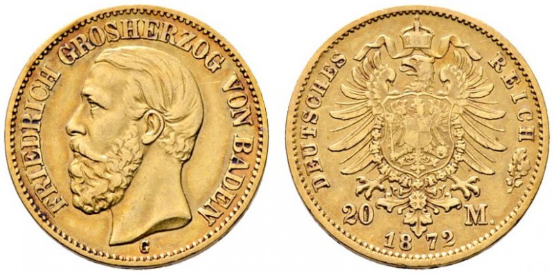 Reichsgoldmünzen
Baden
Friedrich I. 1852-1907. 20 Mark 1872 G. J. 184.
minima...