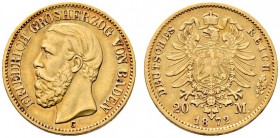 Reichsgoldmünzen
Baden
Friedrich I. 1852-1907. 20 Mark 1872 G. J. 184.
minimaler Randfehler, sehr schön