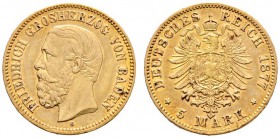 Reichsgoldmünzen
Baden
Friedrich I. 1852-1907. 5 Mark 1877 G. J. 185.
kleine Prüfspur am Rand, sehr schön
