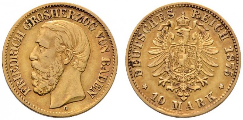Reichsgoldmünzen
Baden
Friedrich I. 1852-1907. 10 Mark 1875 G. J. 186.
sehr s...