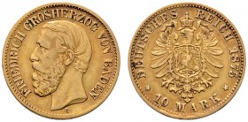 Reichsgoldmünzen
Baden
Friedrich I. 1852-1907. 10 Mark 1875 G. J. 186.
sehr schön