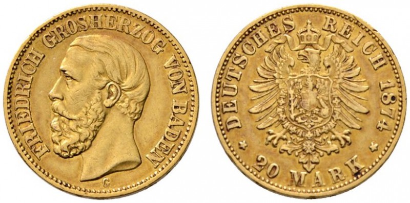 Reichsgoldmünzen
Baden
Friedrich I. 1852-1907. 20 Mark 1874 G. J. 187.
winzig...