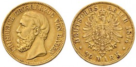 Reichsgoldmünzen
Baden
Friedrich I. 1852-1907. 20 Mark 1874 G. J. 187.
winzige Randfehler, sehr schön