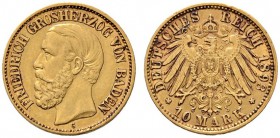 Reichsgoldmünzen
Baden
Friedrich I. 1852-1907. 10 Mark 1893 G. J. 188.
minimale Randfehler, gutes sehr schön