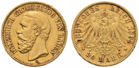 Reichsgoldmünzen
Baden
Friedrich I. 1852-1907. 20 Mark 1894 G. J. 189.
kleine Randfehler, sehr schön