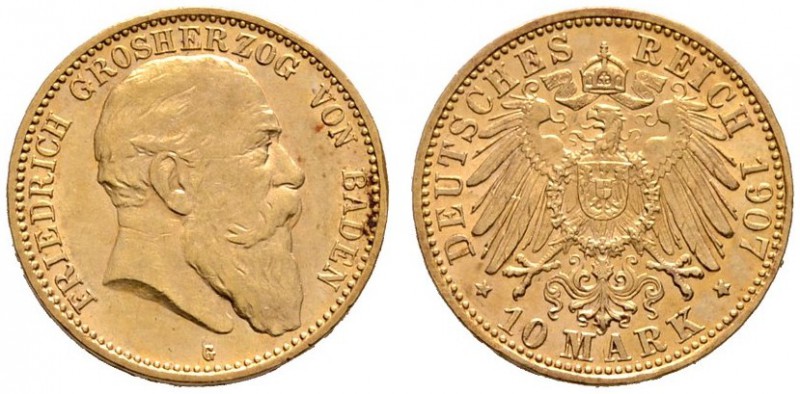 Reichsgoldmünzen
Baden
Friedrich I. 1852-1907. 10 Mark 1907 G. J. 190.
fast v...