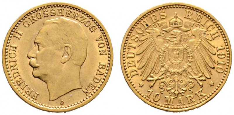 Reichsgoldmünzen
Baden
Friedrich II. 1907-1918. 10 Mark 1910 G. J. 191.
winzi...