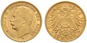 Reichsgoldmünzen
Baden
Friedrich II. 1907-1918. 10 Mark 1910 G. J. 191.
winzige Randfehler, sehr schön-vorzüglich