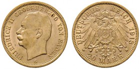 Reichsgoldmünzen
Baden
Friedrich II. 1907-1918. 20 Mark 1913 G. J. 192.
minimale Kratzer und Randfehler, vorzüglich