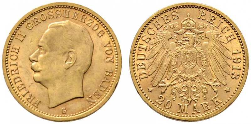 Reichsgoldmünzen
Baden
Friedrich II. 1907-1918. 20 Mark 1913 G. J. 192.
minim...