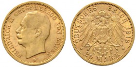Reichsgoldmünzen
Baden
Friedrich II. 1907-1918. 20 Mark 1913 G. J. 192.
minimale Randfehler, fast vorzüglich