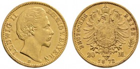 Reichsgoldmünzen
Bayern
Ludwig II. 1864-1886. 20 Mark 1872 D. J. 194.
winziger Randfehler, sehr schön-vorzüglich