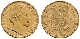 Reichsgoldmünzen
Bayern
Ludwig II. 1864-1886. 20 Mark 1873 D. J. 194.
minimale Kratzer, vorzüglich/vorzüglich-Stempelglanz aus polierten Stempeln...