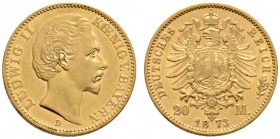 Reichsgoldmünzen
Bayern
Ludwig II. 1864-1886. 20 Mark 1873 D. J. 194.
minimale Randfehler und Kratzer, vorzüglich