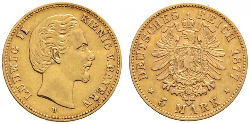 Reichsgoldmünzen
Bayern
Ludwig II. 1864-1886. 5 Mark 1877 D. J. 195.
sehr sch...