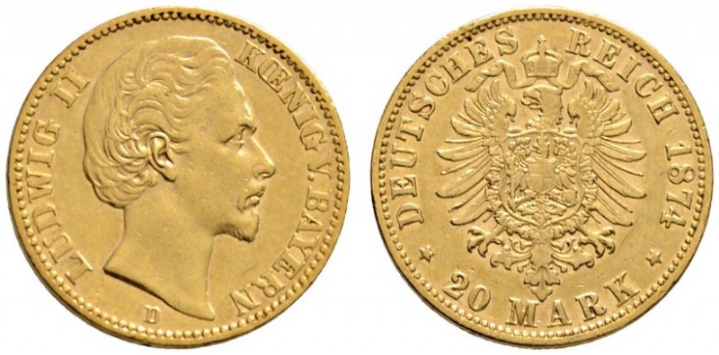 Reichsgoldmünzen
Bayern
Ludwig II. 1864-1886. 20 Mark 1874 D. J. 197.
kleiner...