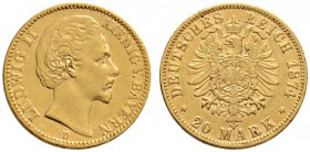 Reichsgoldmünzen
Bayern
Ludwig II. 1864-1886. 20 Mark 1874 D. J. 197.
kleiner Randfehler, sehr schön-vorzüglich