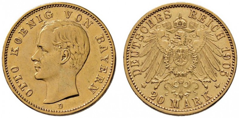 Reichsgoldmünzen
Bayern
Otto 1886-1913. 20 Mark 1905 D. J. 200.
sehr schön-vo...