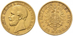 Reichsgoldmünzen
Braunschweig
Wilhelm 1831-1884. 20 Mark 1875 A. J. 203.
minimale Randfehler, sehr schön-vorzüglich