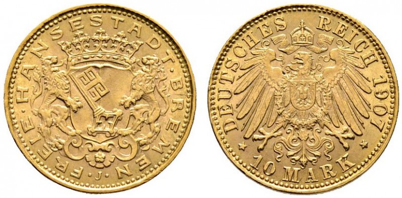 Reichsgoldmünzen
Bremen
10 Mark 1907 J. J. 204.
minimale Randunebenheiten, vo...