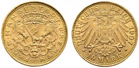 Reichsgoldmünzen
Bremen
10 Mark 1907 J. J. 204.
minimale Randunebenheiten, vorzüglich