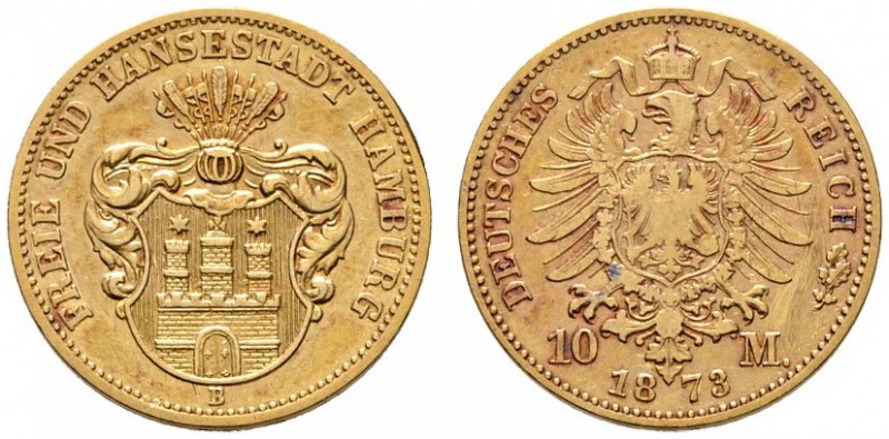 Reichsgoldmünzen
Hamburg
10 Mark 1873 B. J. 206.
selten, Kratzer auf dem Reve...