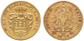 Reichsgoldmünzen
Hamburg
10 Mark 1873 B. J. 206.
selten, Kratzer auf dem Revers, sehr schön-vorzüglich/schön-sehr schön