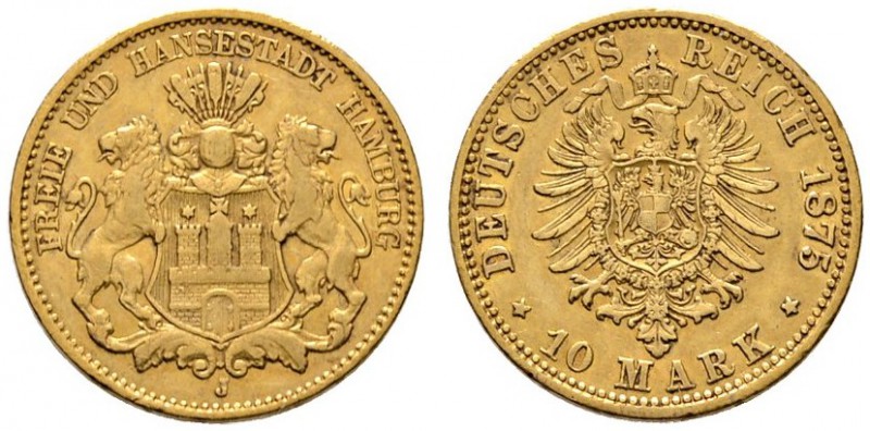 Reichsgoldmünzen
Hamburg
10 Mark 1875 J. J. 209.
sehr schön