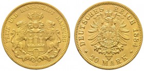 Reichsgoldmünzen
Hamburg
20 Mark 1884 J. J. 210.
kleine Kratzer im Feld und auf dem Rand, fast vorzüglich
