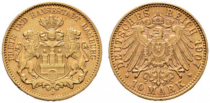 Reichsgoldmünzen
Hamburg
10 Mark 1907 J. J. 211.
feine Goldpatina, minimaler ...