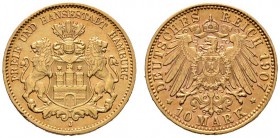Reichsgoldmünzen
Hamburg
10 Mark 1907 J. J. 211.
feine Goldpatina, minimaler Randfehler, vorzüglich