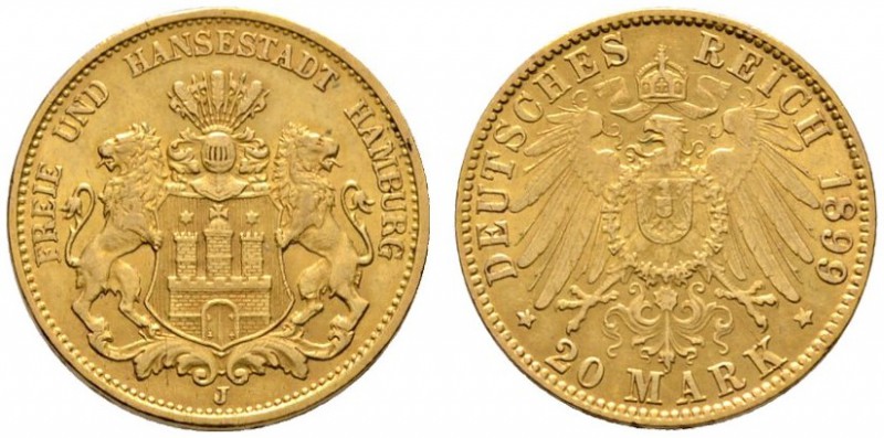 Reichsgoldmünzen
Hamburg
20 Mark 1899 J. J. 212.
sehr schön-vorzüglich